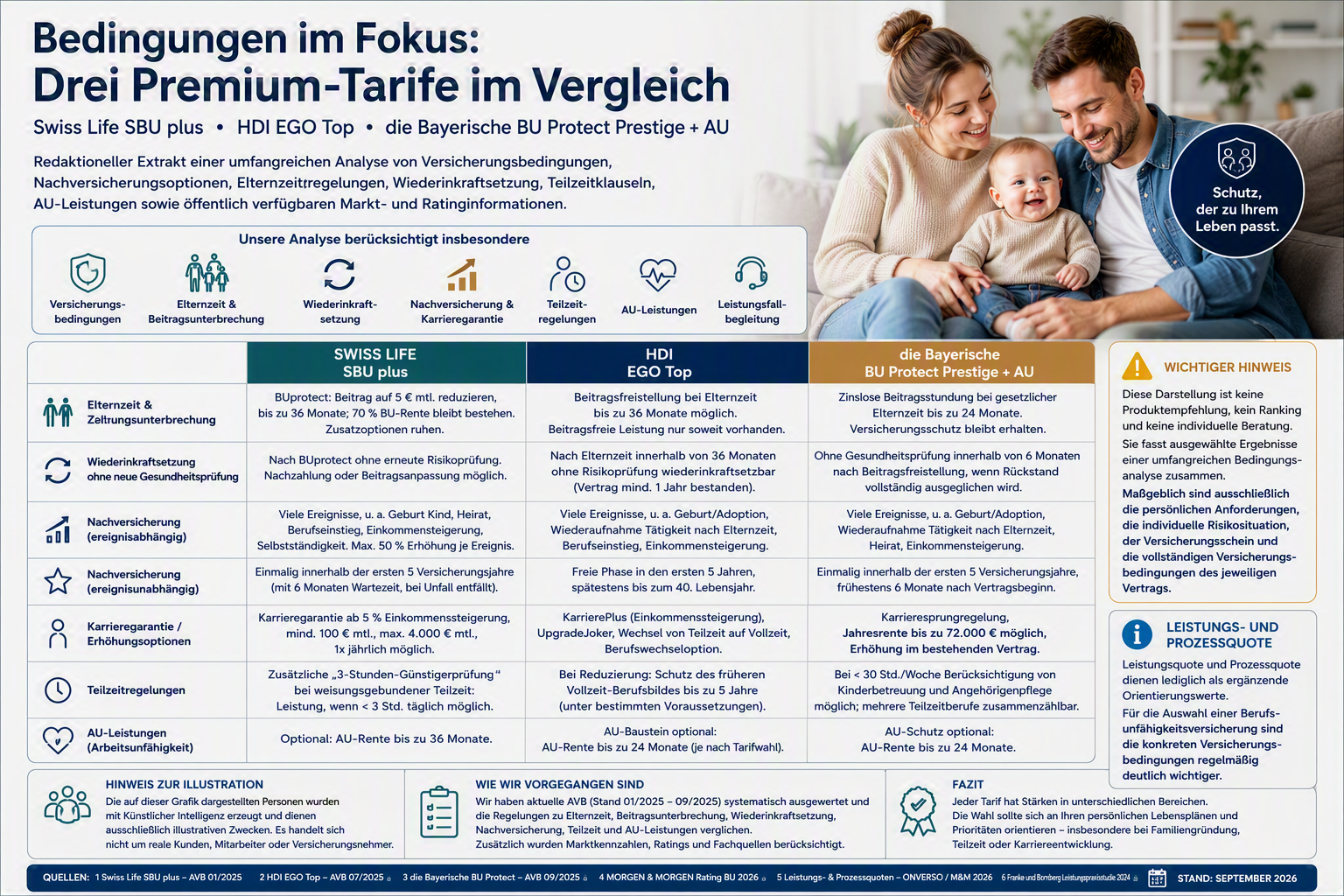 Infografik: Bedingungen im Fokus – Drei Premium-Tarife im Vergleich (Swiss Life SBU plus, HDI EGO Top, die Bayerische BU Protect Prestige + AU)