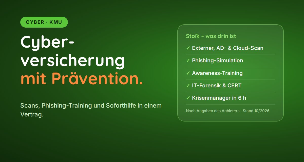 Grafik: Cyberversicherung mit Stoïk – Scans, Phishing-Simulation, Awareness-Training, IT-Forensik und Krisenmanager in 6 Stunden