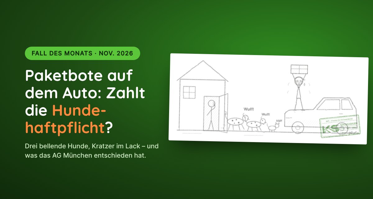Bleistiftskizze: Drei bellende Hunde laufen aus einer offenen Haustür, ein Paketbote rettet sich mit Paket auf die Motorhaube eines Autos – Fall des Monats November 2026