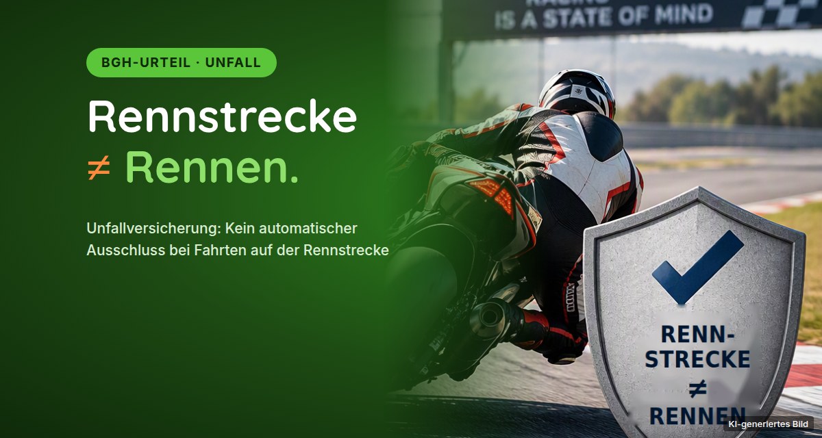 KI-generierte Infografik: Motorradfahrer auf der Rennstrecke, Schild „Rennstrecke ≠ Rennen“ – BGH-Urteil zur Unfallversicherung