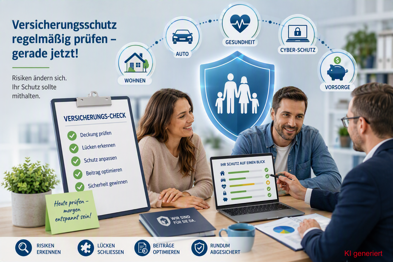 Versicherungs-Check 2026: Deckung prüfen, Lücken erkennen, Beiträge optimieren – KI-generierte Illustration